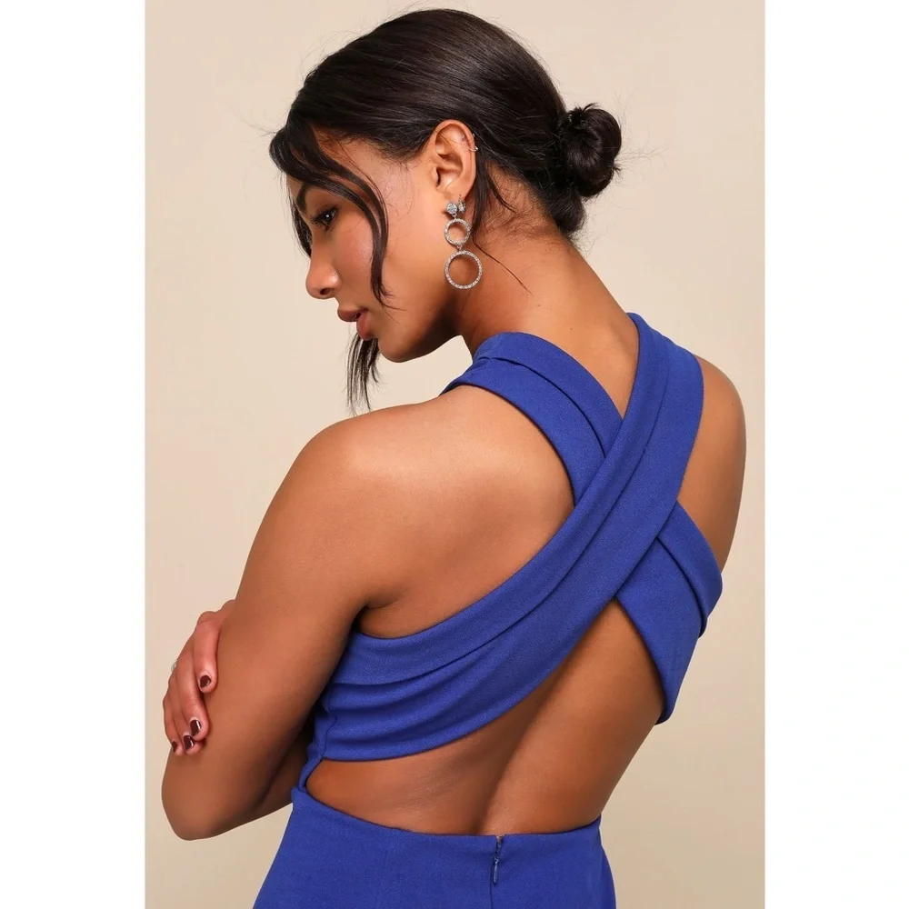 NWT Lulu’s Head to Cocktail Hour Royal Blue Halter Neck Maxi Dress Medium Chic
